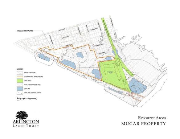 The Mugar parcel is outlined in orange.